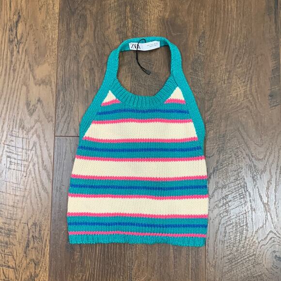 Zara Striped Pink/Teal/White Knit Open Back Halter Crop Top - Picture 2 of 9